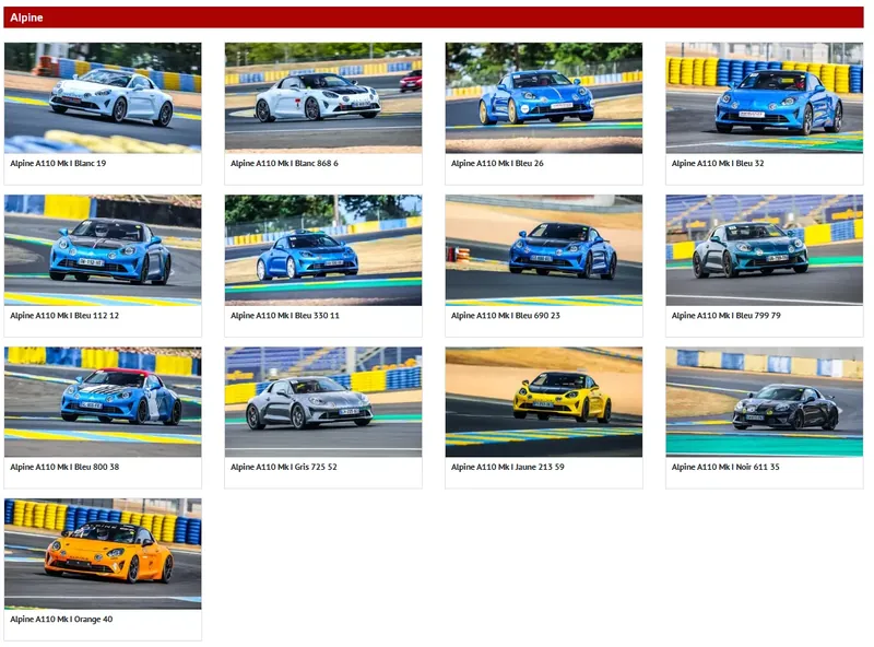 Galleria online di SPYK Photo: una griglia di cartelle, una per auto, ciascuna con modello, colore e numero.